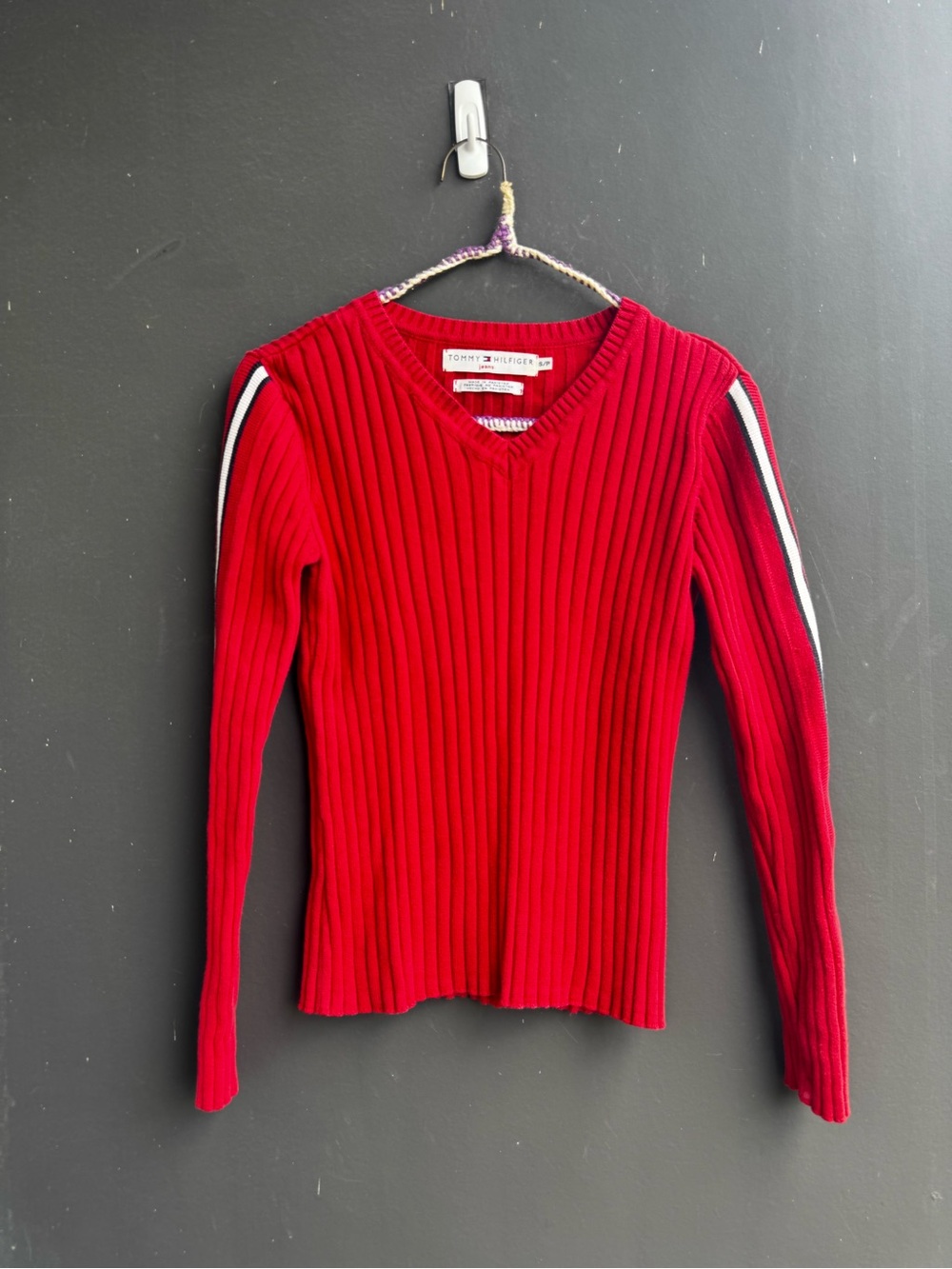 Vintage Tommy Hilfiger 100% cotton red ribbed V-neck sweater
